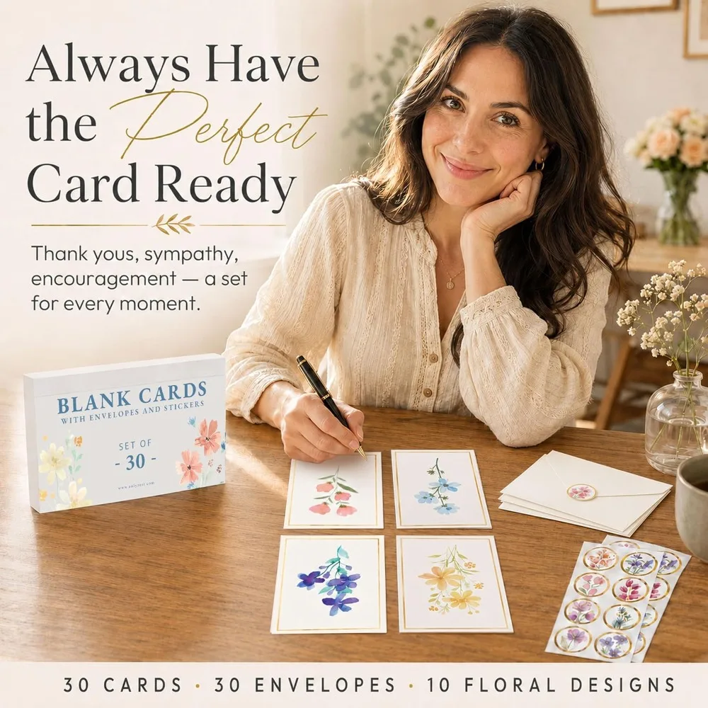 30 Premium Blank Cards with Envelopes & Stickers, 4x6 Inches | Elegant Floral Designs, Blank Inside, Gift-Ready