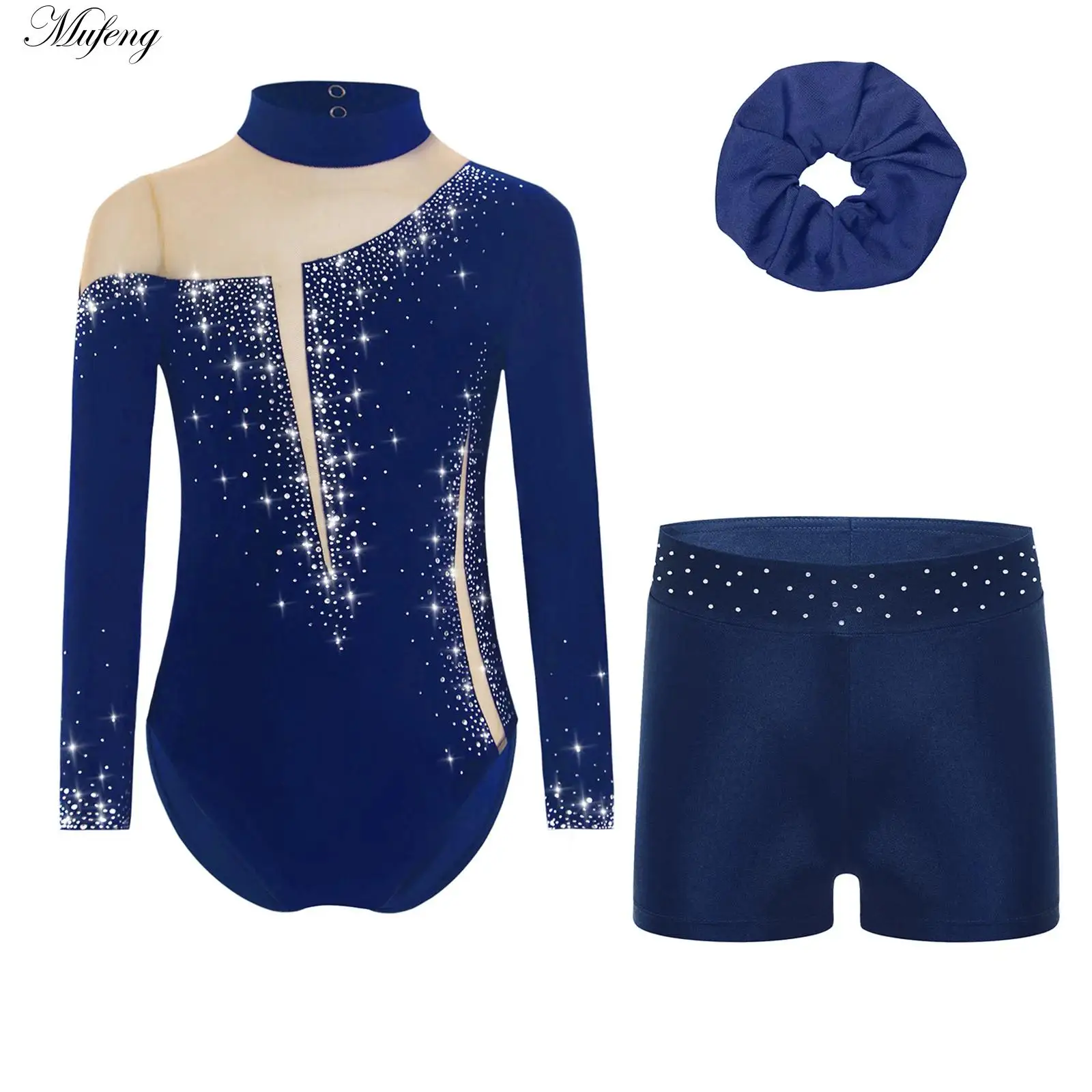 Girls Sparkly Rhinestone Figure Skating Costumes Gymnastics Ballet Leotard Long Sleeve Sheer Mesh Bodysuit Shorts Hair Band Suit