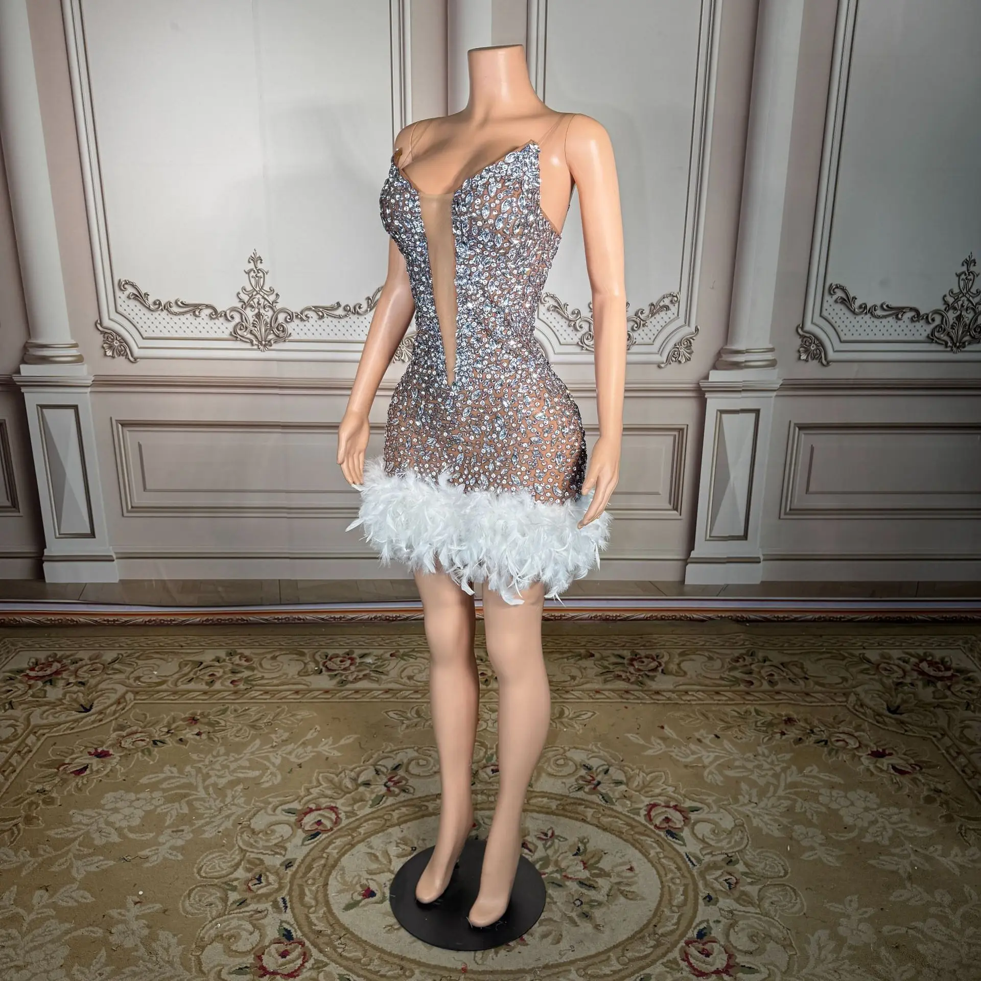 

Heavyweight Sequined Feather Sheer Sexy Bandeau Dress for Cocktail Party Nightclub Birthday High-end Evening Gown