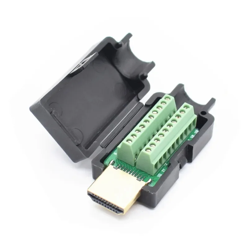 Terminais HDMI macho Plug Breakout, conector Solderless com tampa preta, 19P