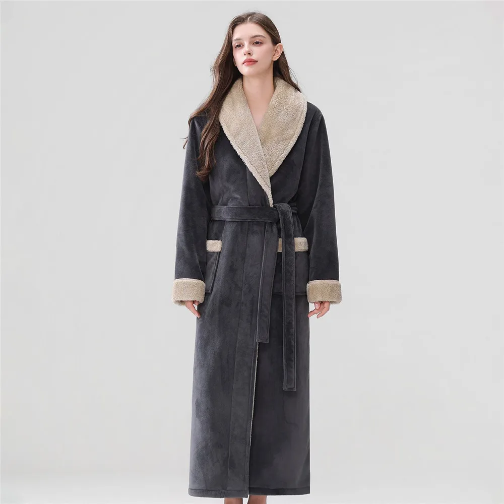 Couple Winter Flannel Robe Nightwear Thick Sleepwear Kimono Bathrobe Pocket Warm Coral Fleece Homewear Loose Loungewear