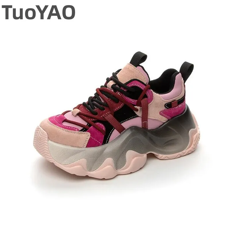 5.5cm Women Lace Up Chunky Sneakers Fashion Spring Autumn Stable High Platform Ladies Vulcanize Cow Synthetic Leather Shoes