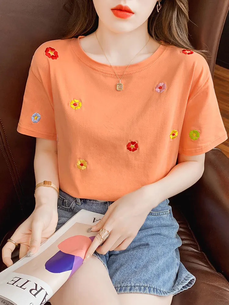 Women Short Sleeve T-shirts Sweet Girls Summer Loose Flower Embroidered Trendy Tops Soft Ulzzang Tees Females 2023