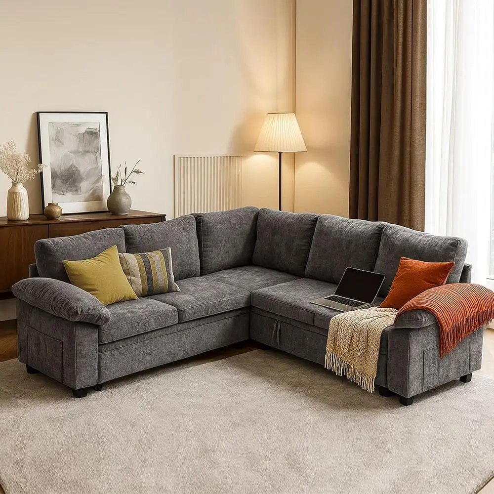 L-Shaped Sectional Sofa with Storage, Pull-Out Bed and Removable Cover (5 Seats, Grey)
