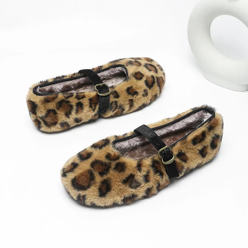 TRAF Leopard Plush Texture Flat Shoes For Woman Round Head Buckle Shallow Mouth Winter Shoe Women Cute Animal Print Warm Shoes