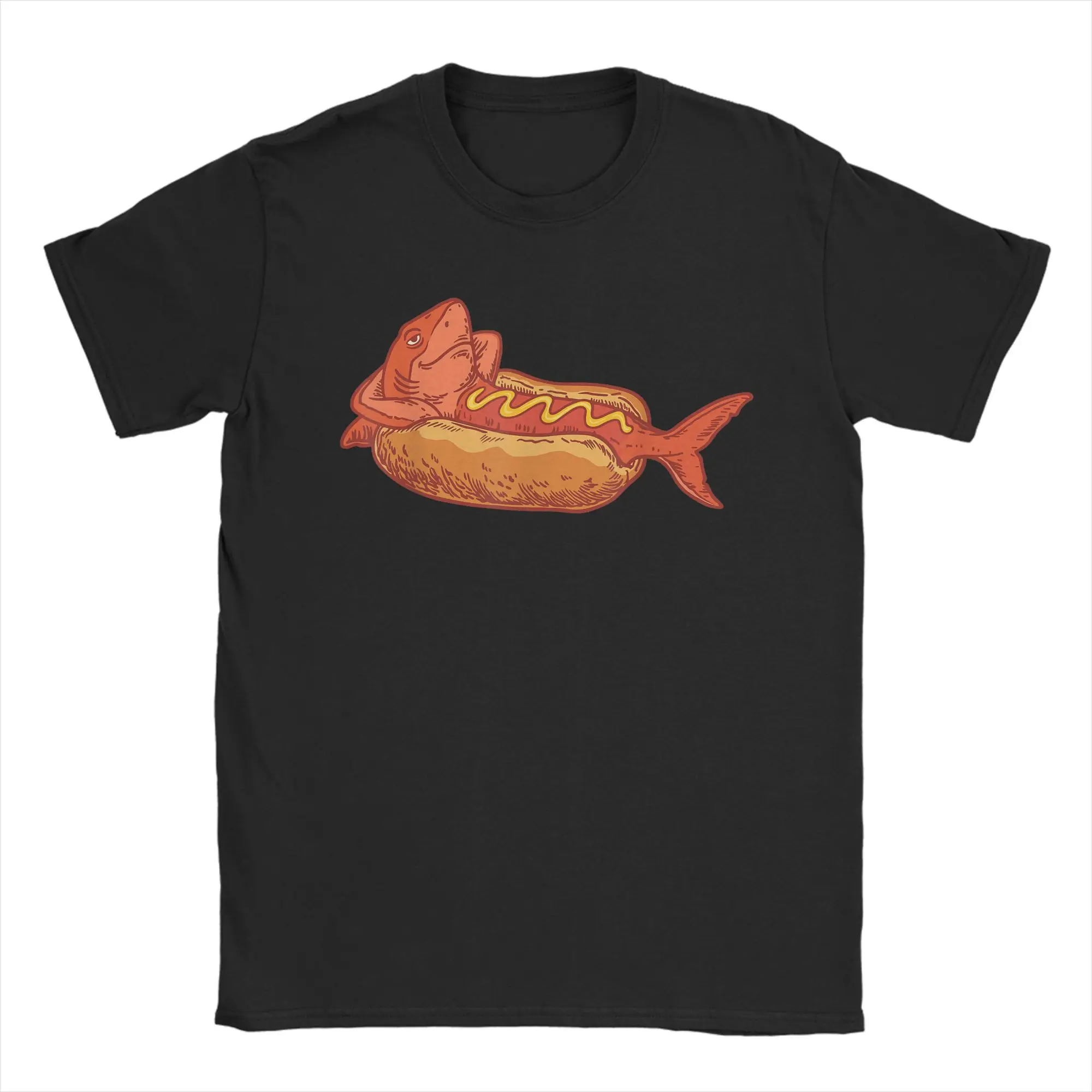 Funny Shark Hot Dog Mustard Food Mashup Humor T Shirts Men 100% Cotton Humor T-Shirt O Neck  Tee Shirt Short Sleeve Tops