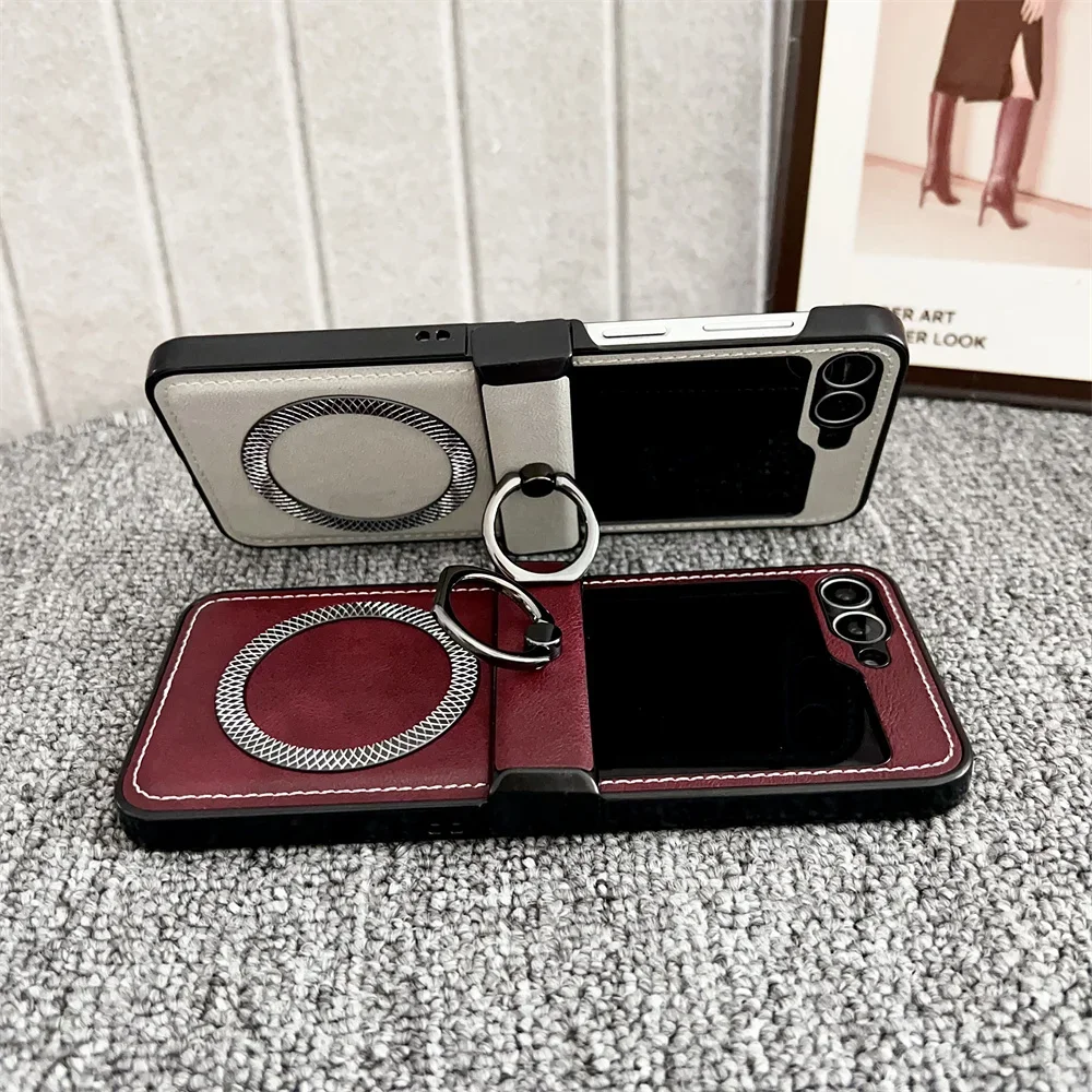 Frosted Leather Ring Holder Magsafe Magnetic Phone Case for Samsung Galaxy Z Flip 7 6 5 4 3 Flip7 FE Flip6 Wireless Charge Cover