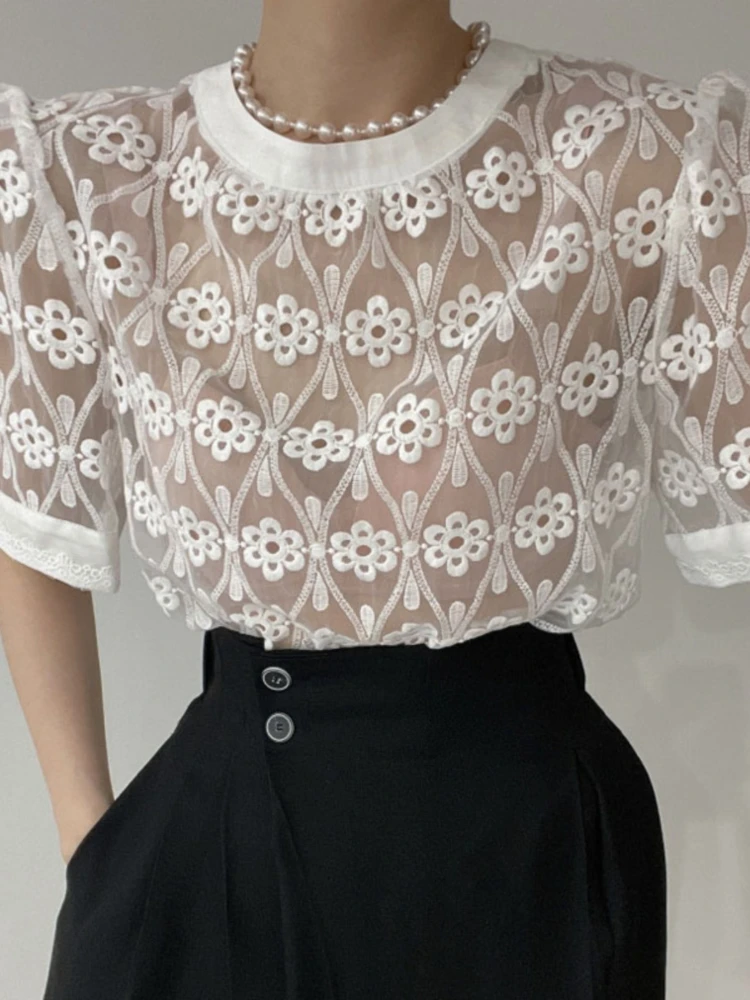 Y2k Summer Women See Throug Shirts 2024 Blusas De Mujer O-neck Puff Sleeve Korean Tees Loose Embroidery Lace White Blouse Tops