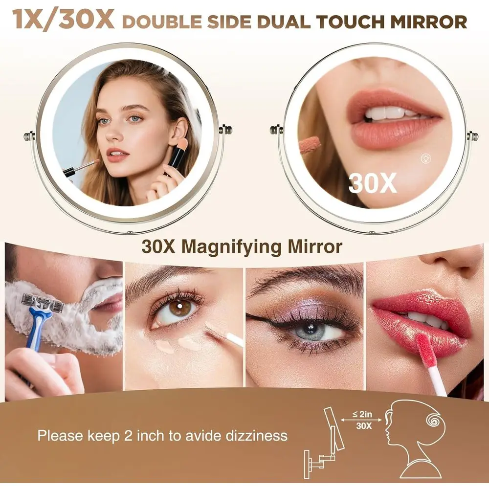 Doppelseitiger, mit LED beleuchteter Schminkspiegel, 360° °   Dreharm, 3 Farbmodi, verstellbare Vergrößerung, Oberfläche aus gebürstetem Nickel