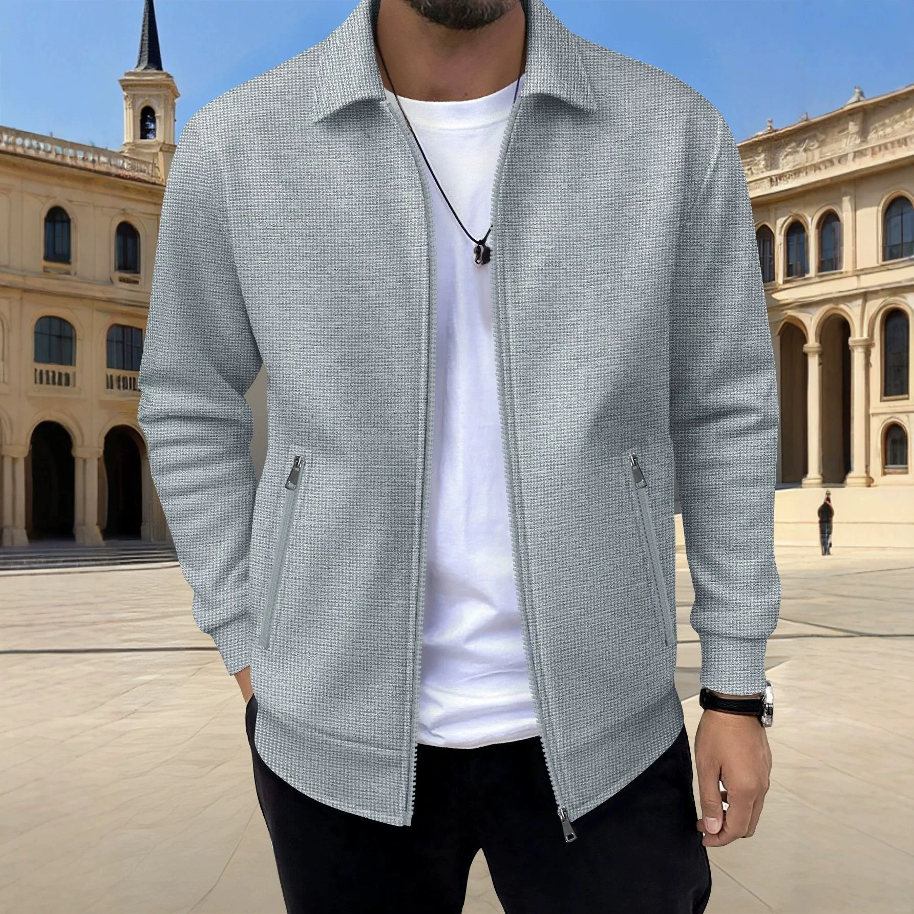 Herren-Waffelstrickjacke mit Knöpfen und Reißverschluss – Langer, lässiger Mantel mit Reißverschluss und Reißverschlusstaschen – unverzichtbar für Einkäufe und Verabredungen – Detail 2