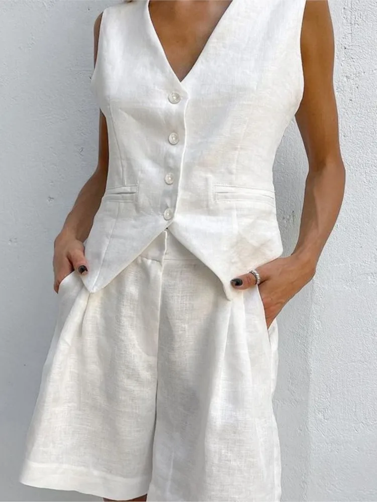 

Two Piece Set Women Sexy Sleeveless V-neck Single Breasted Vest Tops Short Pant Sets 2024 Summer Office Lady Vintage 2 Piece