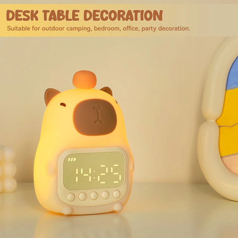 Capybara-reloj despertador con luz nocturna para niños, lámpara de noche con forma linda, sincronización de carga, iluminación de Snooze, decoración