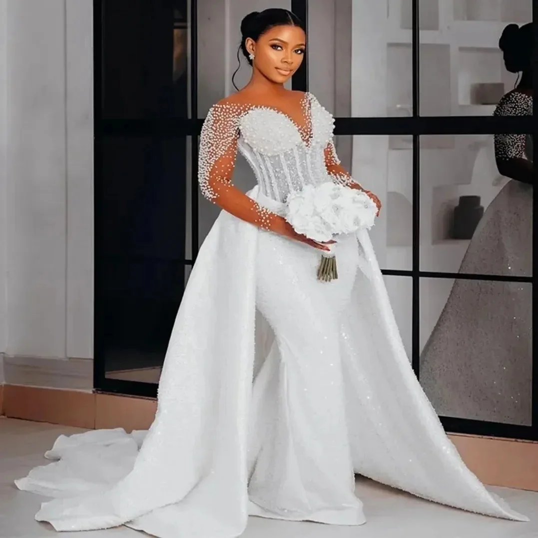 Mermaid Wedding Dress Deiutachable Sleeve Sheer V-neck Pearls Long Sleeves Sequined Birde Bridal Gowns Vestido De Noiva
