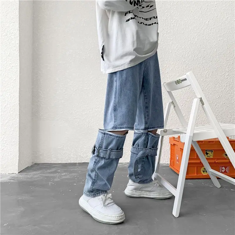 Spring/Summer 2023 Fashion Removable Zipper Jeans High Street Retro Relaxed Straight Leg Pants One Pants Two Wear