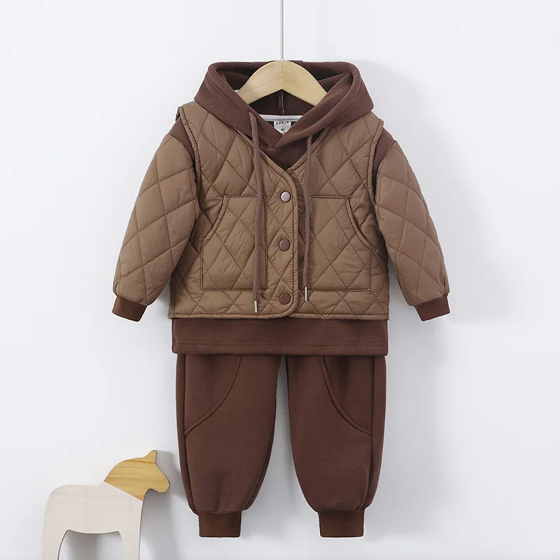 

Fleece Warm Hooded Outfits Autumn Outdoor Wear Boys Thick Warm Sets Winter Children Clothing Kids Hoodie Vest Three Piece Suit