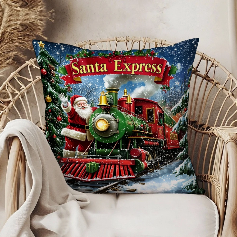 Square Throw Pillow Case Multicolor Santa Express Train Christmas Tree Snowy Winter Scene Print For Home Sofa Chair Bedroom Holi