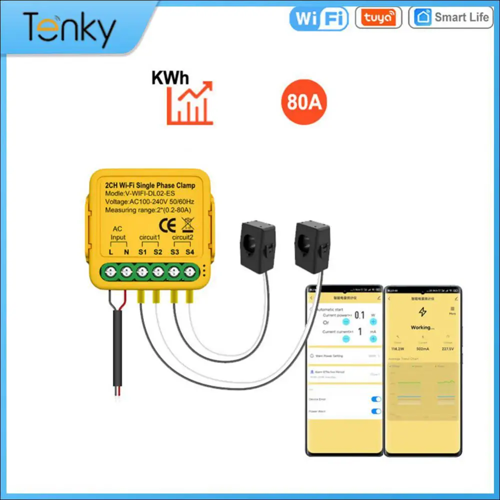 Tuya Smart WiFi Energy Meter Bidirection 80A 1/2 Channel with Clamp Smart Life Monitor Solar Produced Consumed Power AC110V 240V