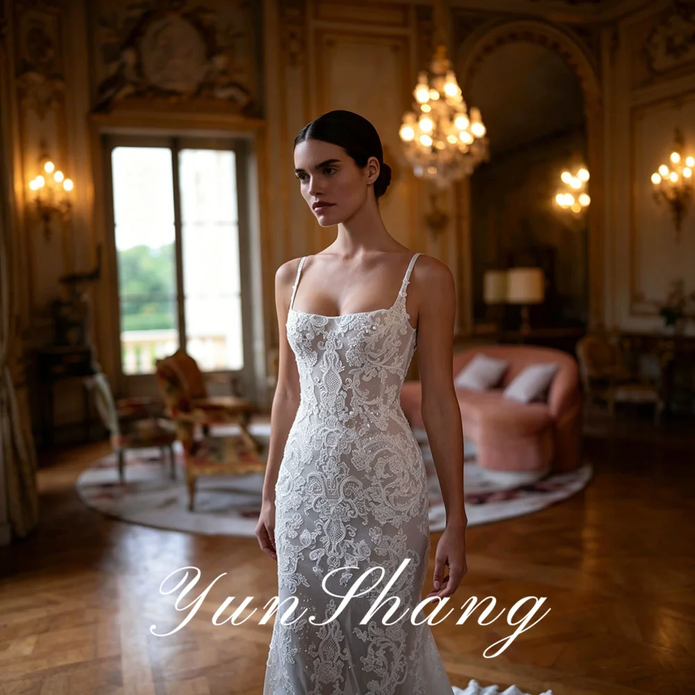 Yunshang Customized Lace Mermaid Elegant Wedding Dresses Square Spaghetti Straps Sleeveless Sequins Backless Train Bridal Gowns