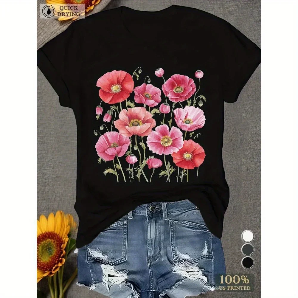 Agrafe de garde-robe essentielle printemps/été, t-shirts pour dames, vêtements de printemps et d'été, motif Floral vibrant, chemise à manches courtes