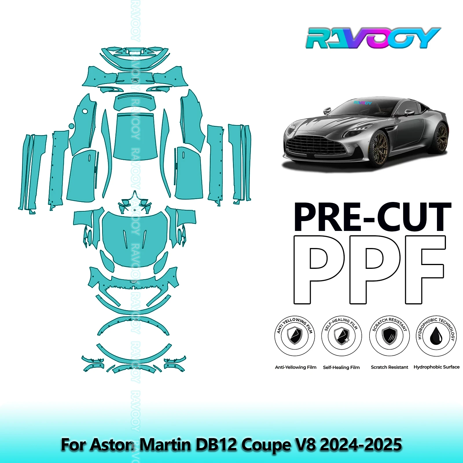 For Aston Martin DB12 Coupe V8 2024-2025 Full Body 8.5Mil Pre-Cut Paint Protection Film PPF Stone Chip Kit | Clear/Matte/Black