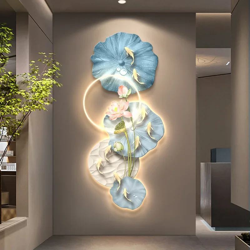 

For Modern Luxury Lotus Nine-fish Picture Wall Art With LED Lights Living Room Wall Acrylic Clock Painting