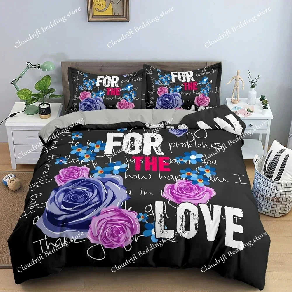 Beautiful Flowers LOVE Duvet Cover Set For Bedroom Decor Luxury Bedding Set English Letters Background King Bedclothes