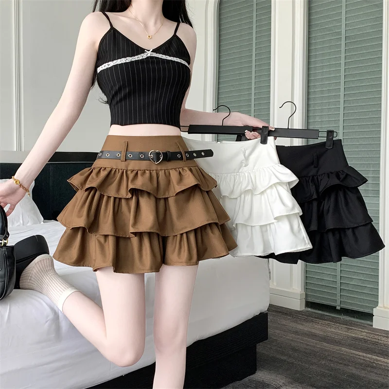 

American niche layered cake skirt A-line skirt slimming high waisted short skirt with belt for Maillard clothes