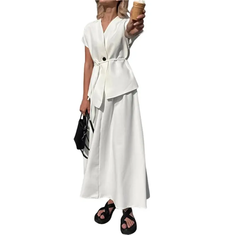 

Женский комплект из топа без рукавов средней длины и белой юбки А-силуэта, 2 предмета, повседневный стиль