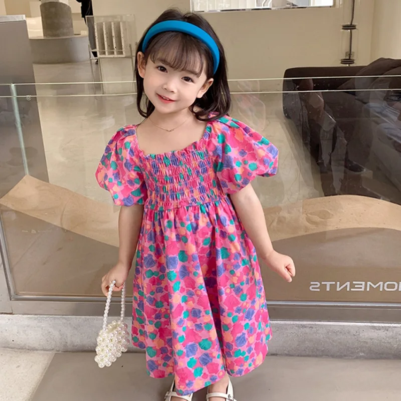 Summer Casual Baby Girls Cotton Sweet Pleat Puff Sleeves Floral Printing Lace Up Back Dress Kids Lovely Outfit Clothing 2-8Years