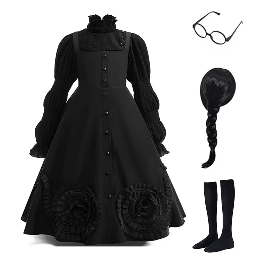 2026 Victorian Rococo Dressteens girls black Long Dress and wig glasses socks Costumes Gothic Ball Gown wedding night Prom Gown