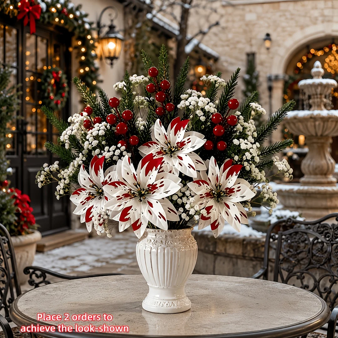 26pcs Red and White One-Piece Red 'S Breath Bouquet Artificial Flowers Indoor Outdoor Universal Fake Flowers Christmas Decor