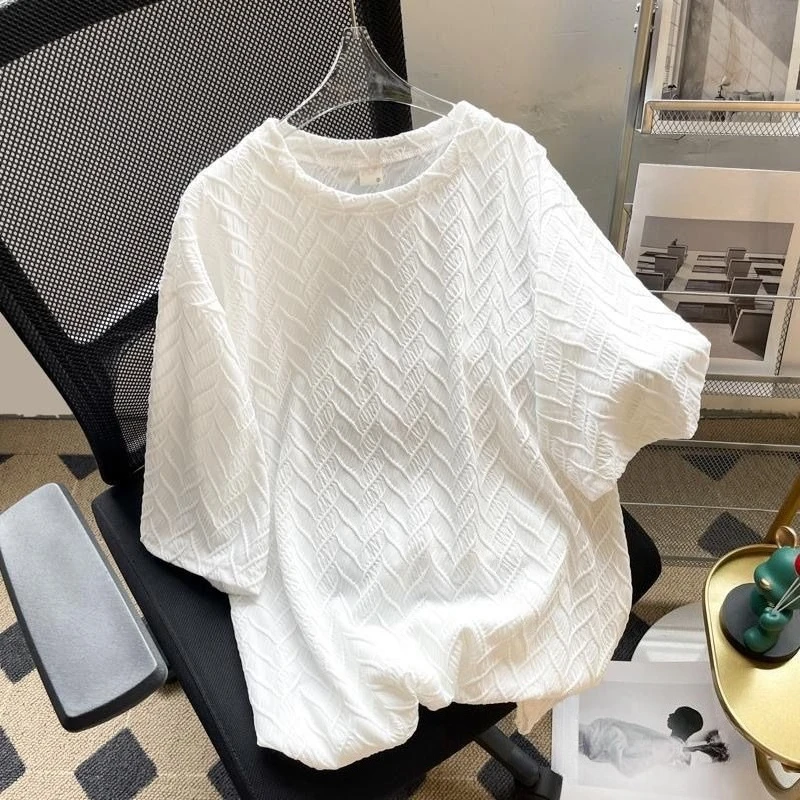 Women Summer Thin Light Weight Ice Silk Jacquard Solid Color Simple Short Sleeve T Shirt Loose Fit Casual Top Niche Unique