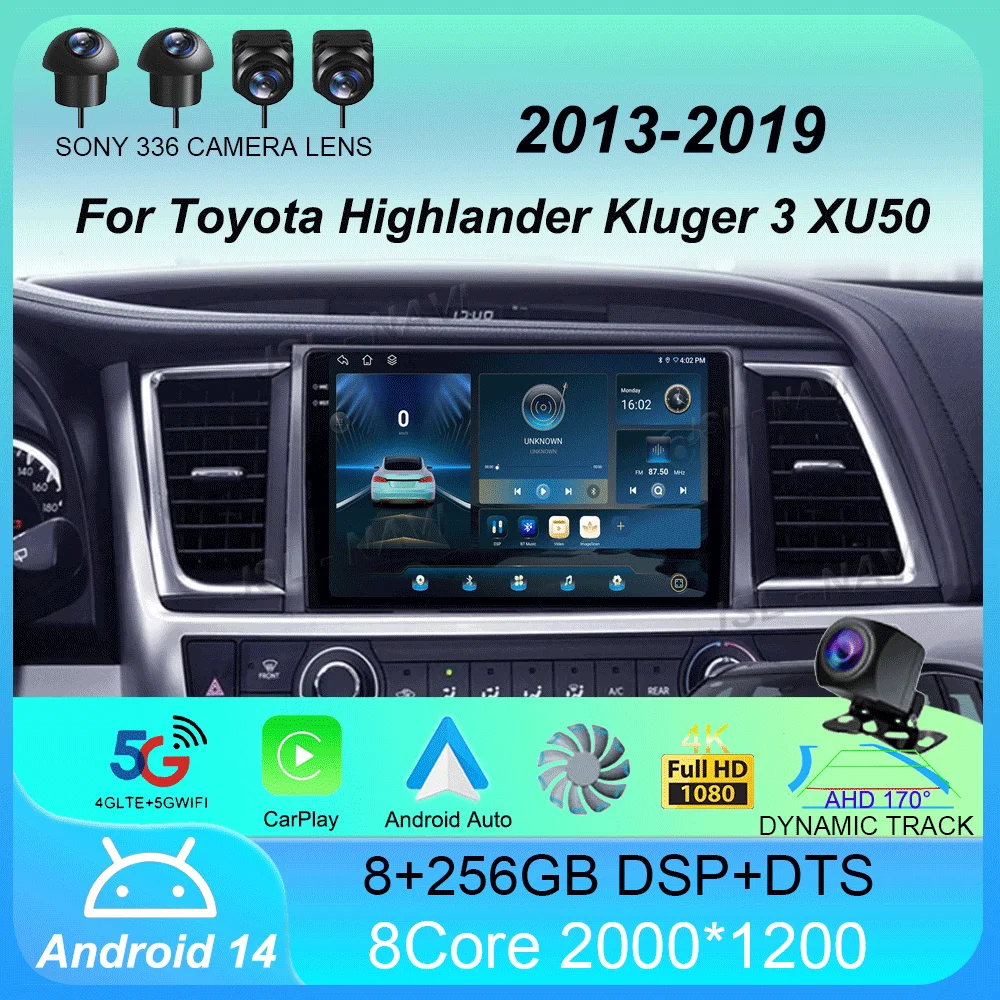 

Автомобильный радиоприемник Android 14 для Toyota Highlander Kluger 3 XU50 2013 2014-2019 навигационный мультимедийный плеер GPS WiFi + 4G Carplay Auto