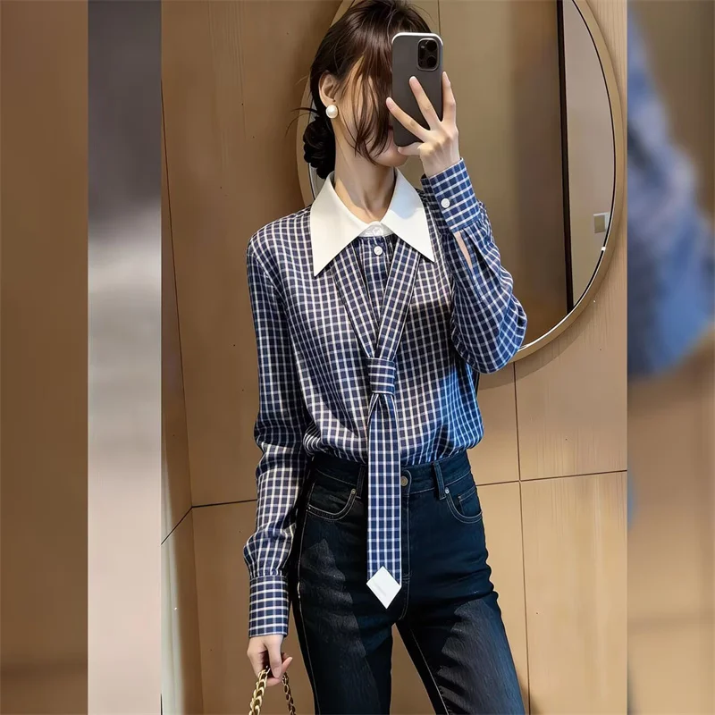 New Fashion Spring and Summer Detachable tie Design Contrast Lapel Stitching Temperament Plaid Waist Long Sleeve Shirt Female