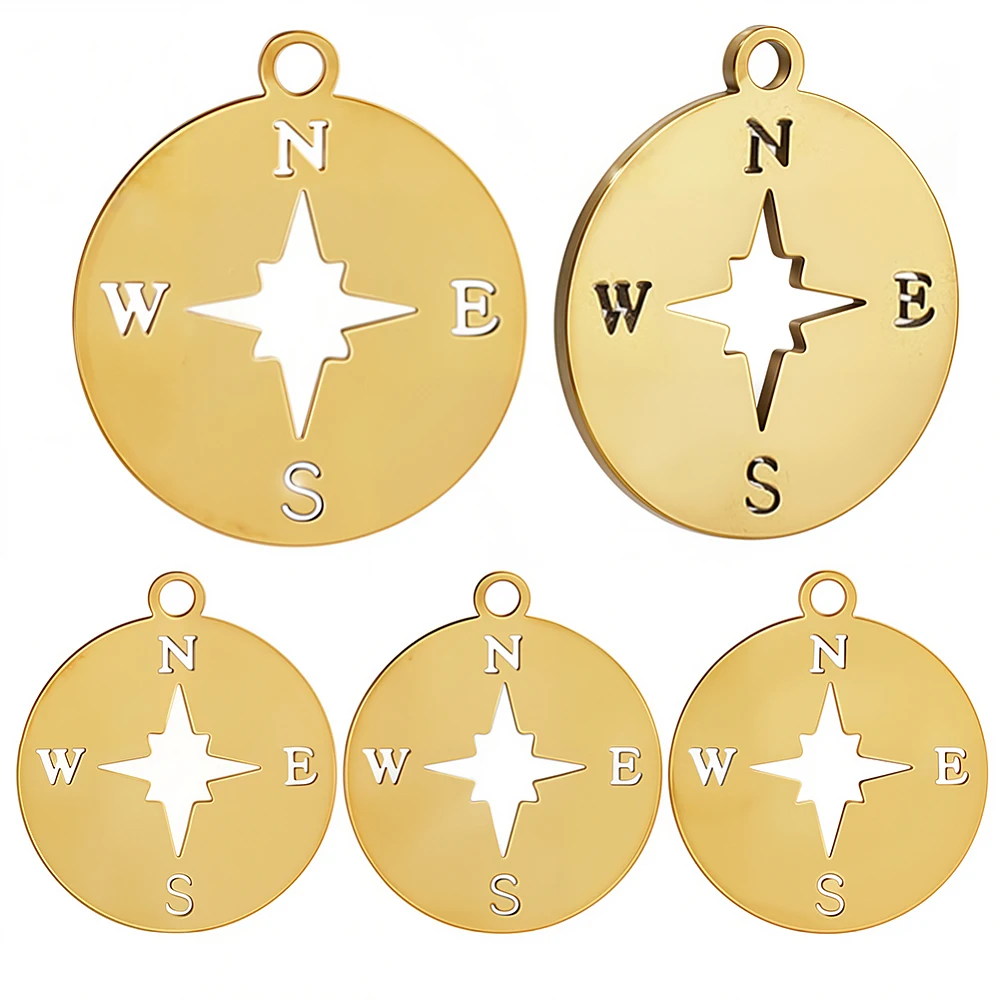 1 Box 16Pcs Compass Charms 18K Gold Plated 304 Stainless Steel Flat Round Nautical Charms for Jewelry Making Bracelet Necklace