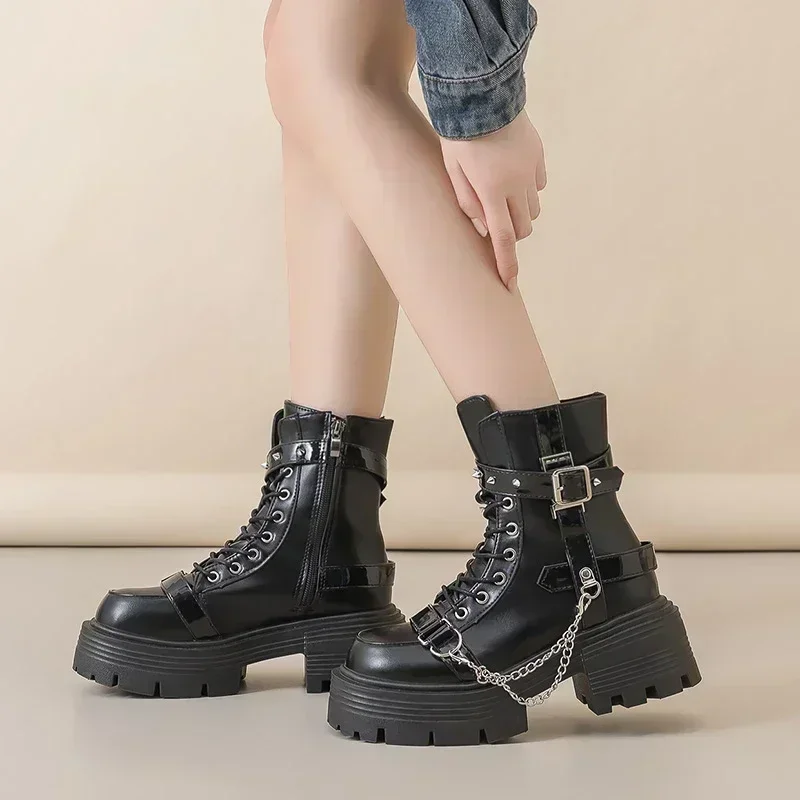 

Fashion Women's Biker Boots Patent Leather Breathable Zipper Lolita Platform Boots Spring New Retro Gothics Botines Chelsea 2025