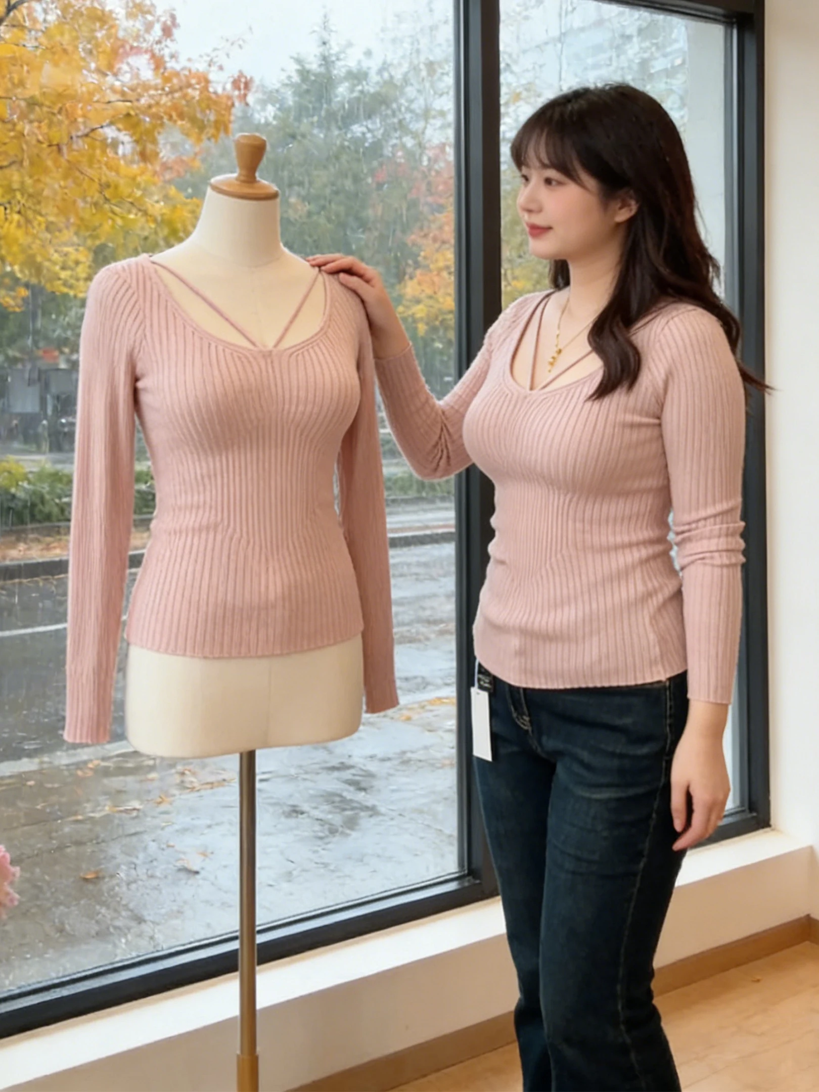 

plus Size Sexy V-Ne Long Sve Knitted Top Women's Autumn Winter Slimming Design Hollow out Base irt Casual Faion