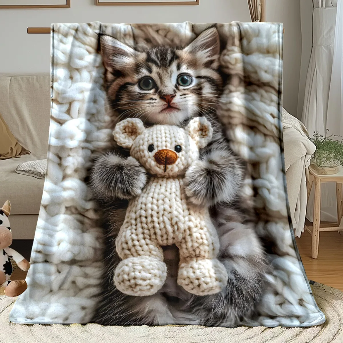 Cute Kitten Holding Knitted Teddy Bear On White Knit Background Fleece Blanket Adorable Pet Theme Soft Flannel Throw For Kids