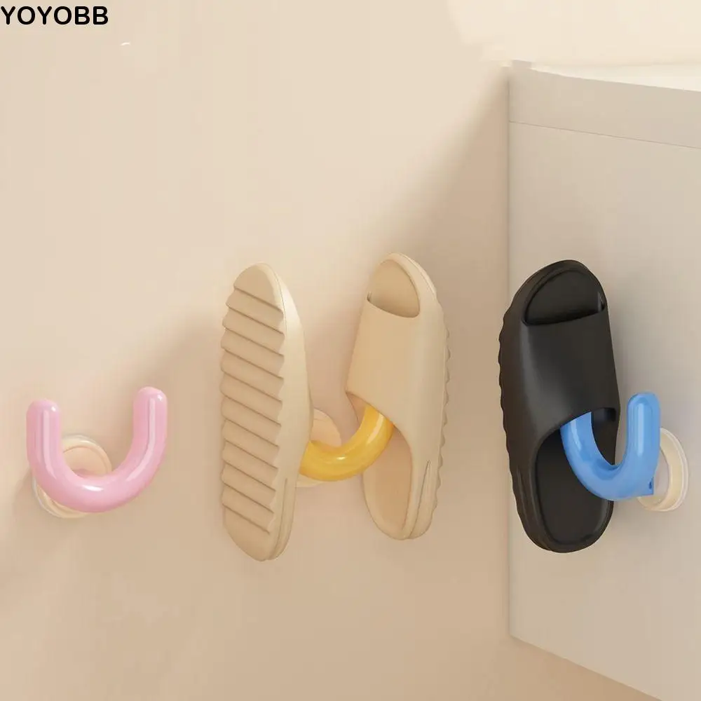 

2Pcs Plastic Suction Cup Slipper Storage Rack Punch Free Wall Mounted Shoe Wall Hook Space Saving Slipper Hanger Bathroom