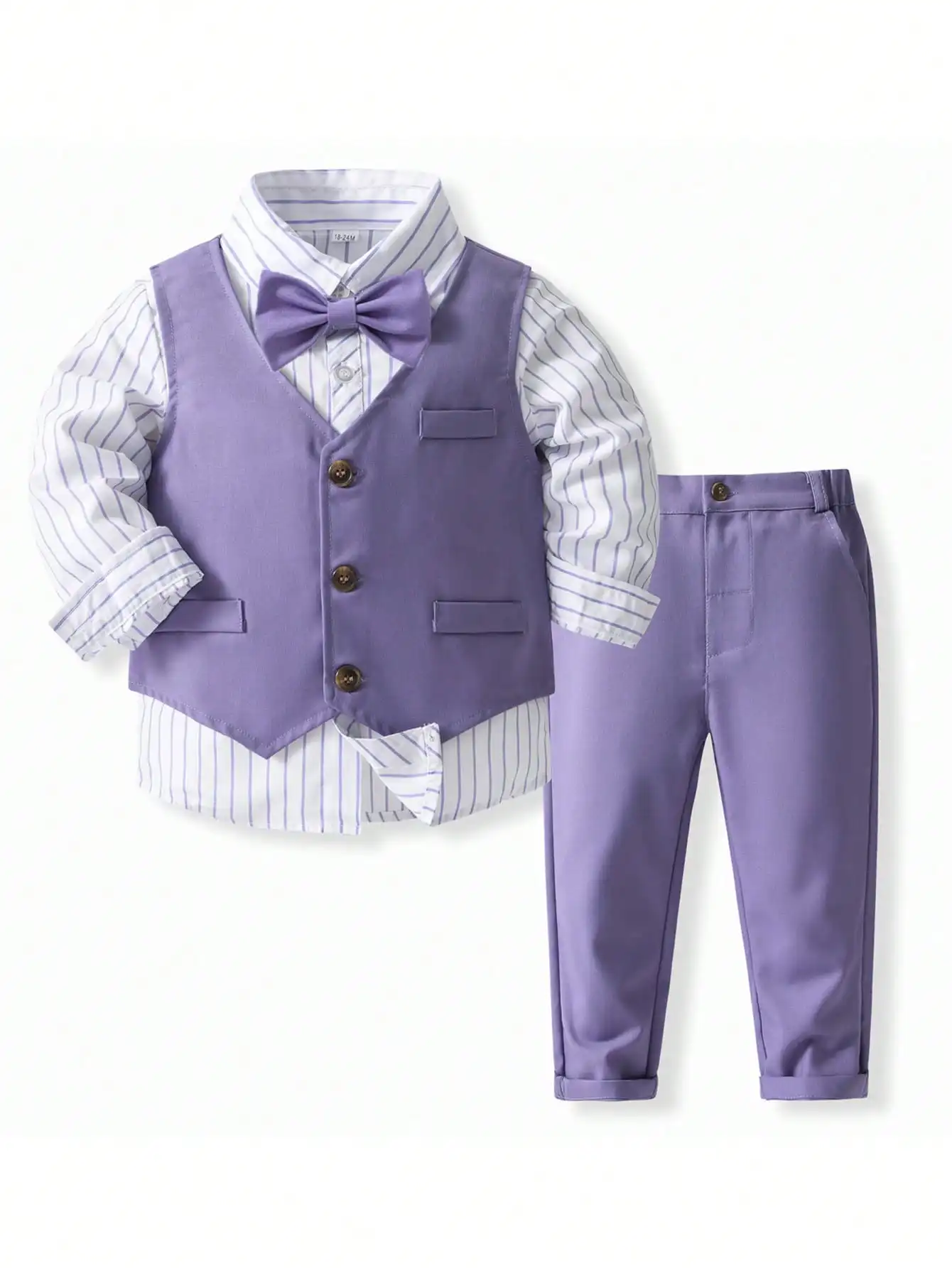 

Purple Formal 3-Piece Suit Set for Boys with Striped Shirt, Vest & Bow Tie