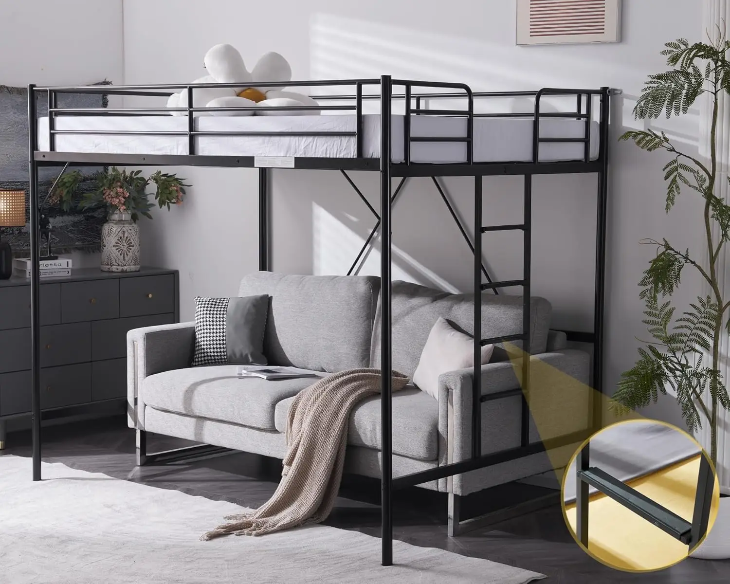 

Loft Bed Full Size with Flat Rungs for Adults, Kids and Young Teens, No Box Spring Required,Heavy Duty Metal Slat Support