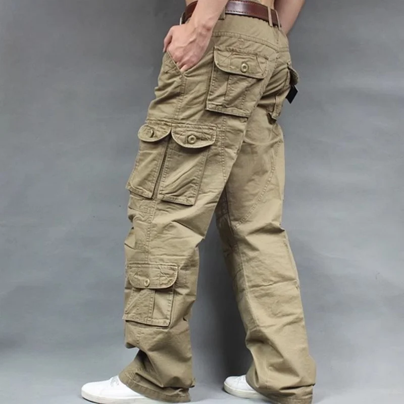 Fashion Casual Cargo Pants Men's Multi Pockets Khaki Pants Straight Slacks Long Trousers Large Size 38 40 Bottoms