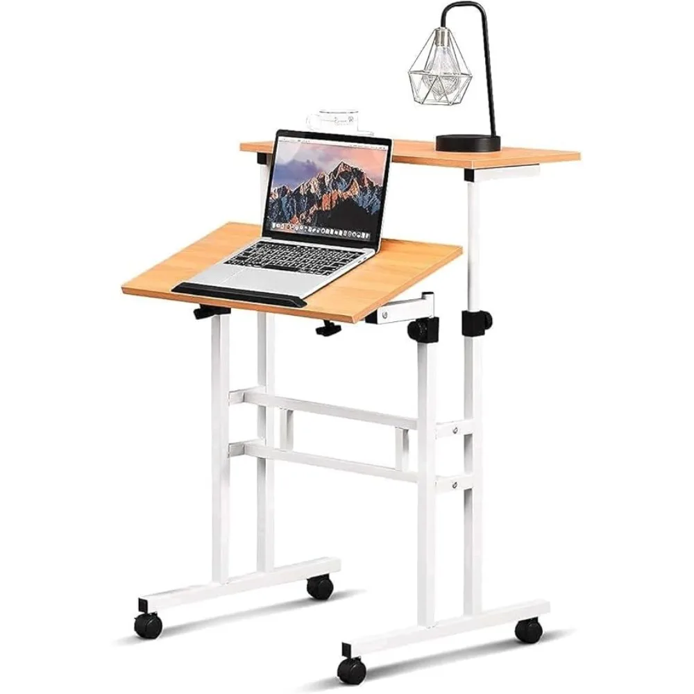 Mobile Standing Desk, Height-Adjustable Laptop Podium Cart with Tilting Tabletop Adjustable Angle Rolling Stand Up Computer Desk