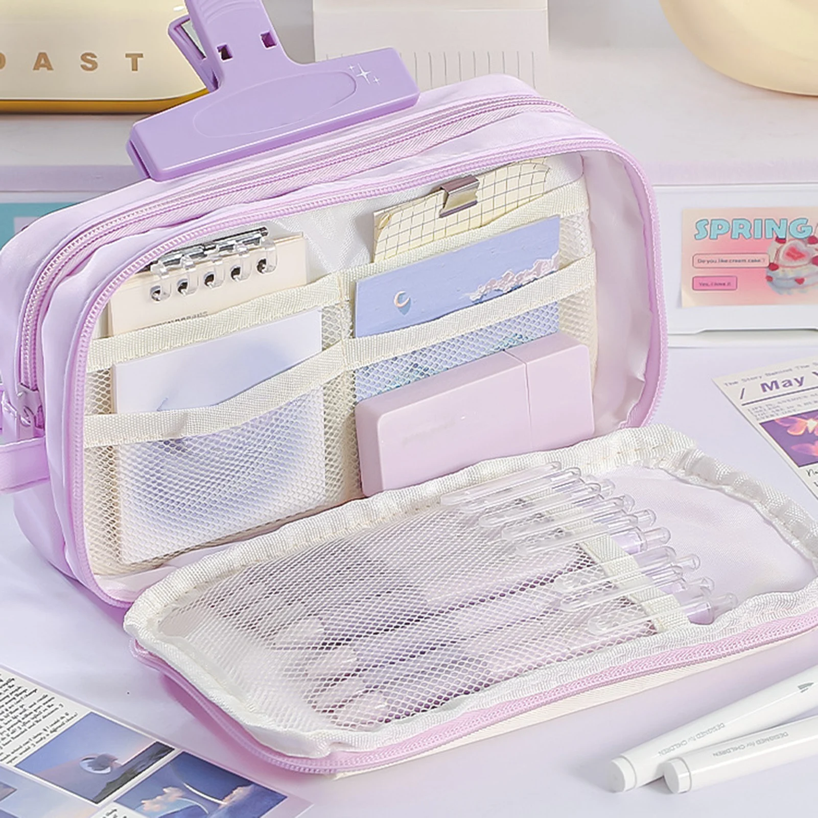 منظم قرطاسية ملون معكرون على الطراز الياباني، مقصورات متعددة صغيرة طازجة، مقلمة ذات سعة كبيرة، حقيبة أقلام محمولة