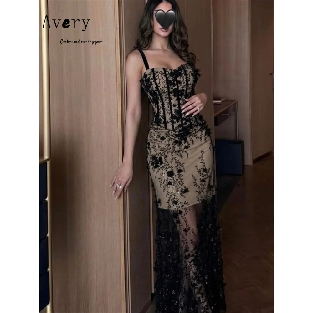 

Avery Custom Black 3D Flower Fishtail Spaghetti Straps Elegant Dresses for Woman Party Wedding Luxury Women's Evening Dresses