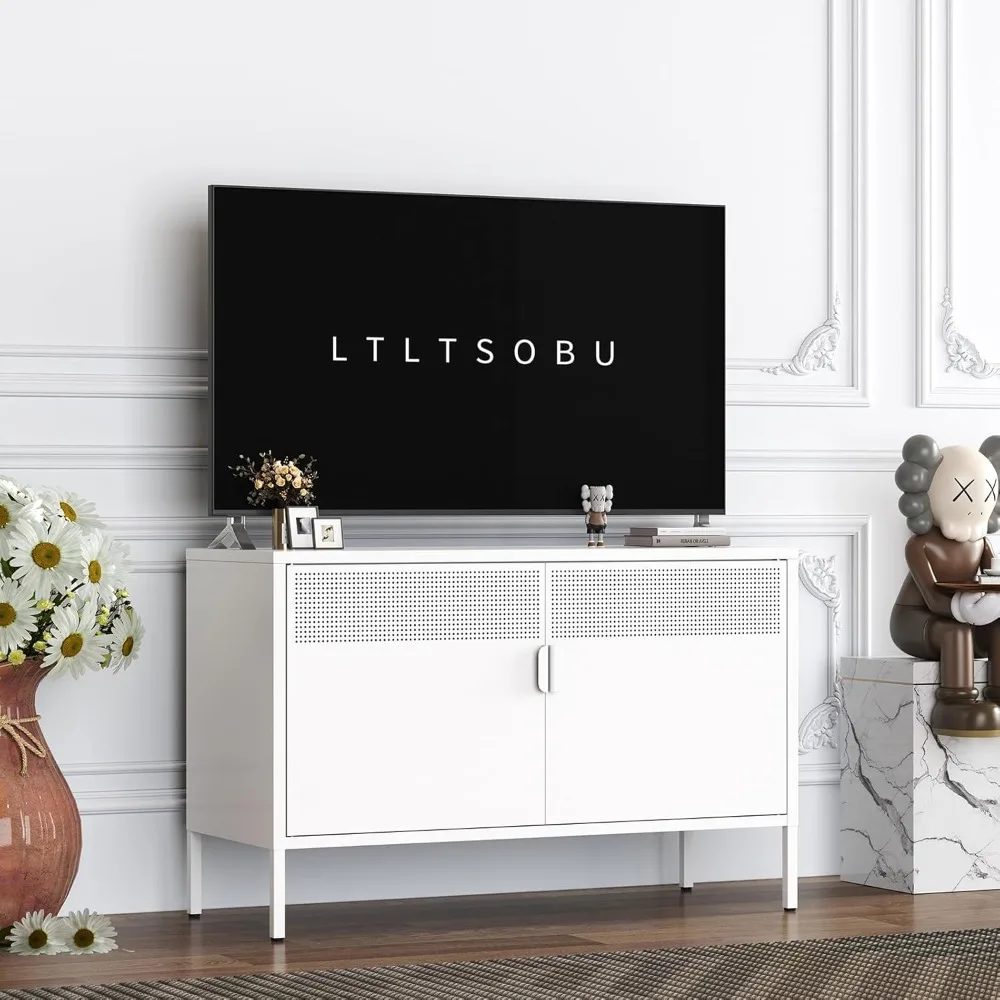 

White Metal Storage Cabinet with 2 Doors - 25''H TV Stand, 2 Tier Locker with Adjustable Shelves, Pantry Cabinet, Multipurpose