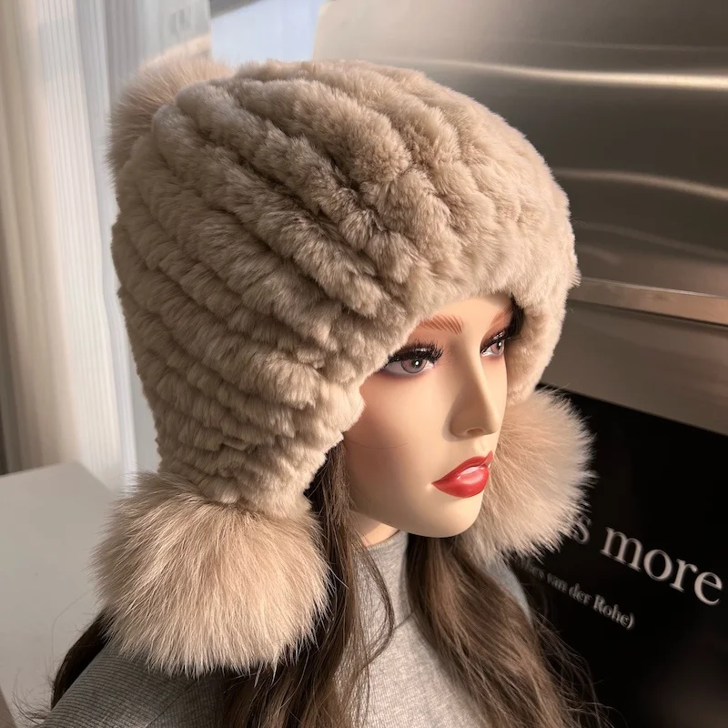 

Real Fox Fur Pompoms Hats For Women Winter Outdoor Sotf Warm Real Natural Rabbit Fur Beanies Christmas Fashion Knitted Thick Cap