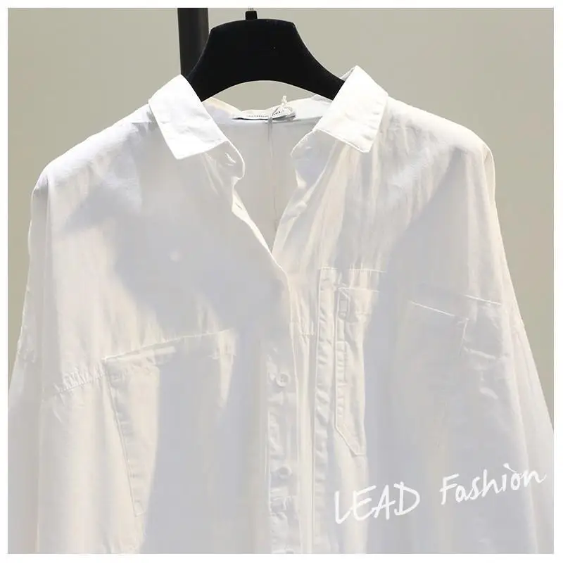 Korean Casual Button Cotton White Women\'s Shirt Spring Long Sleeve Solid Loose Blouses and Shirts Office Lady Tops Blusas