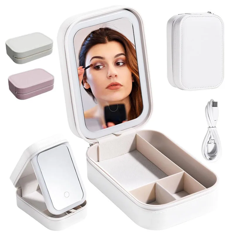 Travel Makeup Brushes and Jewelry Storage Bag with LED Lighted Mirror 3-Color Adjustable Brightness Comestic Tools Orangizer