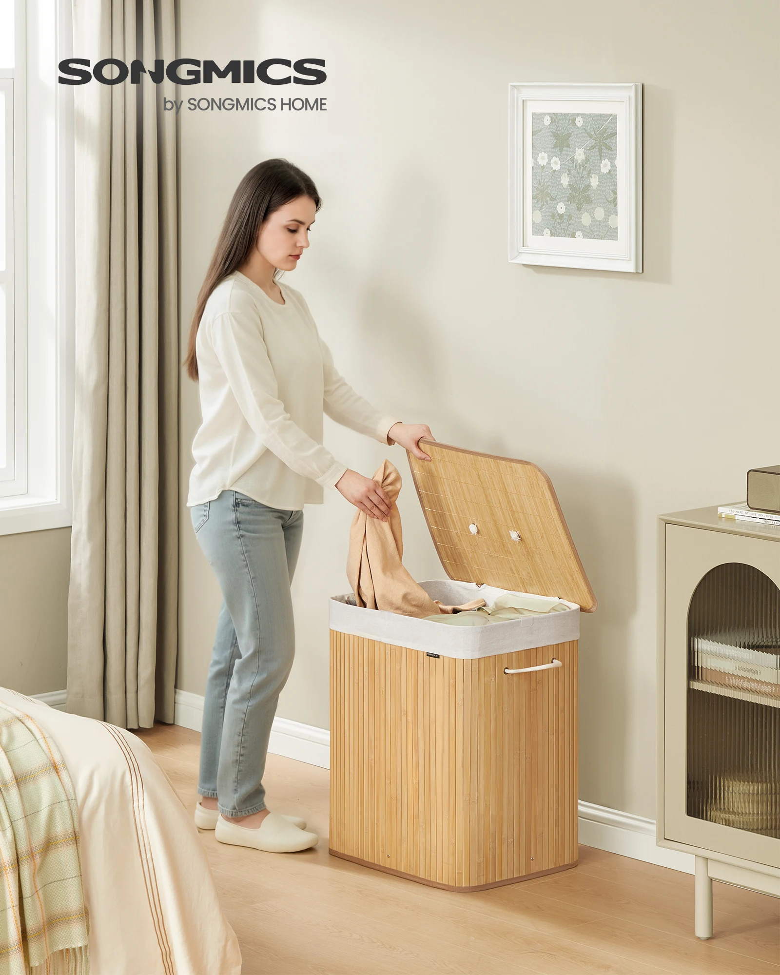 Corbeille à Linge Sale en Bambou, 2 Compartiments, 120 L, Pliable, Sac Amovible et Lavable en Machine, avec Poignées, Naturel